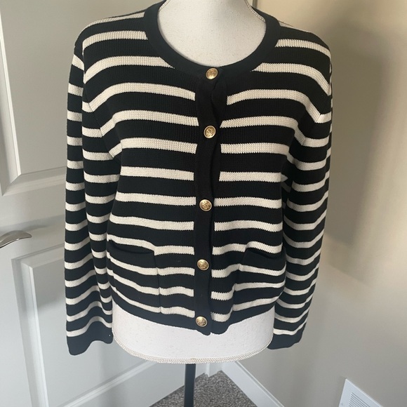 J Crew Emilie Patch Pocket Sweater Lady Jacket in Black Stripe M - Picture 2 of 6
